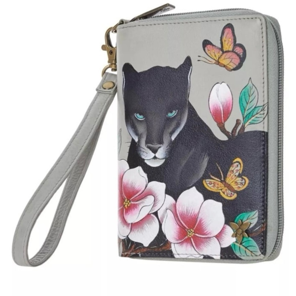Anuschka GARDEN PANTHER Hand Painted Leather Organizer Wallet